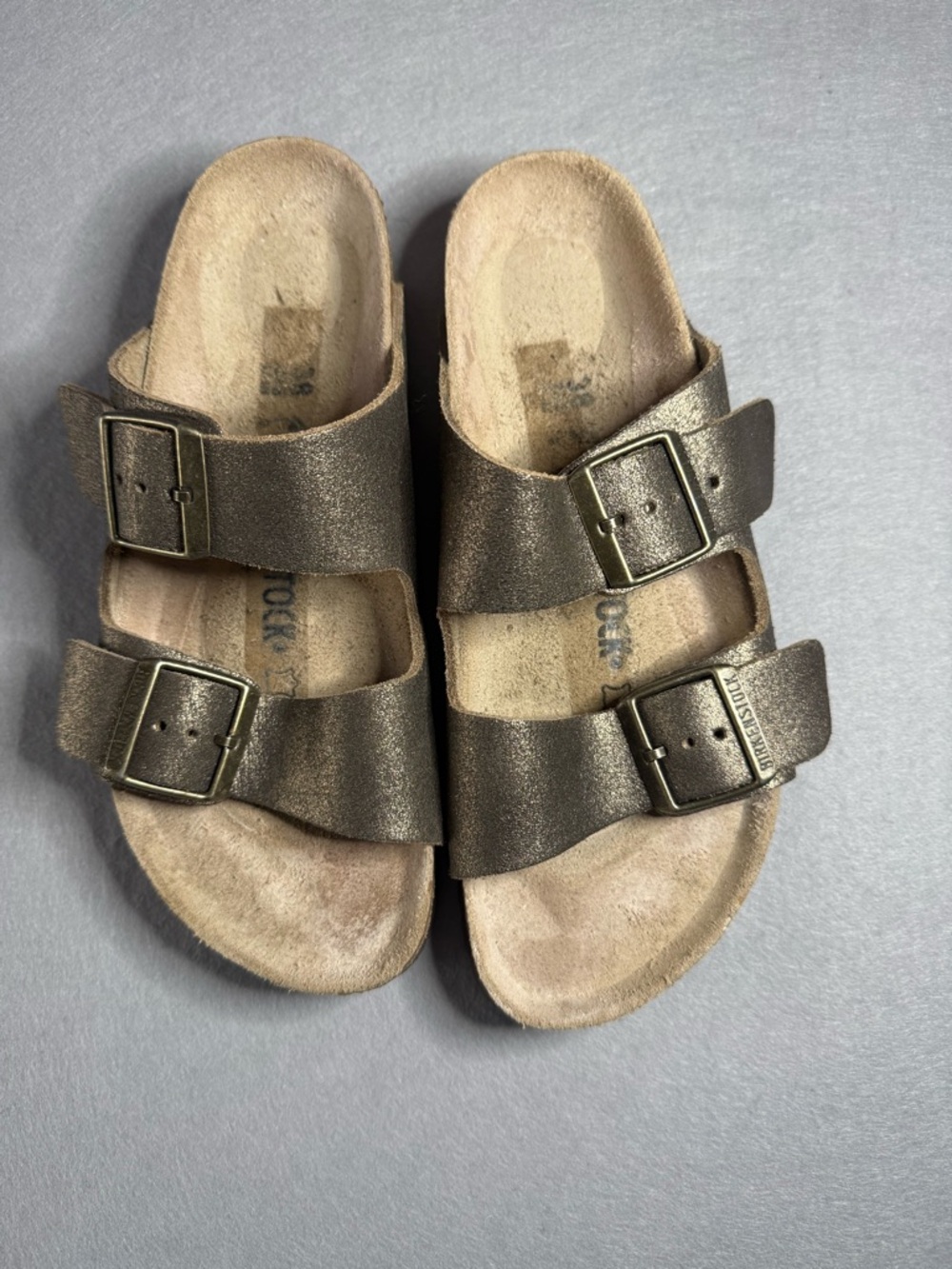 Birkenstock Arizona Sandals Metallic Gold Finish Two Adjustable Straps Buckles.